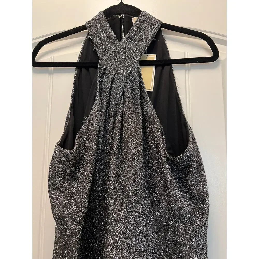 NWT Michael Kors Women’s Halter‎ Neck Lurex Twist Jumpsuit Size XL Silver Gray